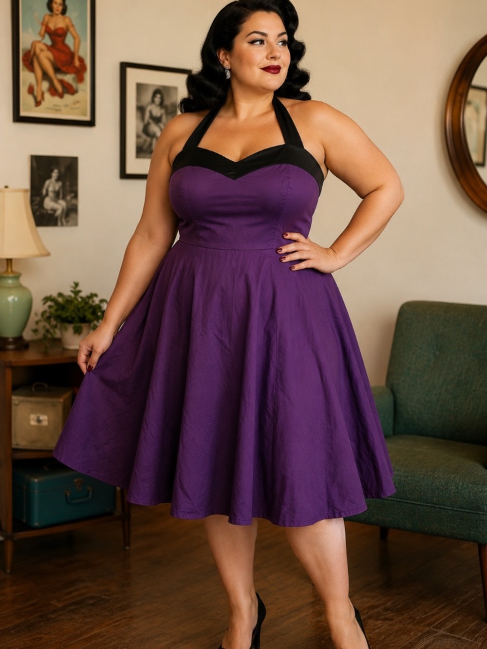 Dress Tells Purple Retro Inspired Halter Dress Plus Size 2XL Cotton Fit & Flare